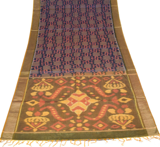 Sushila Vintage Blue Hand Woven Saree Pure Cotton Silk Pochampally Ikat 5Yd Sari