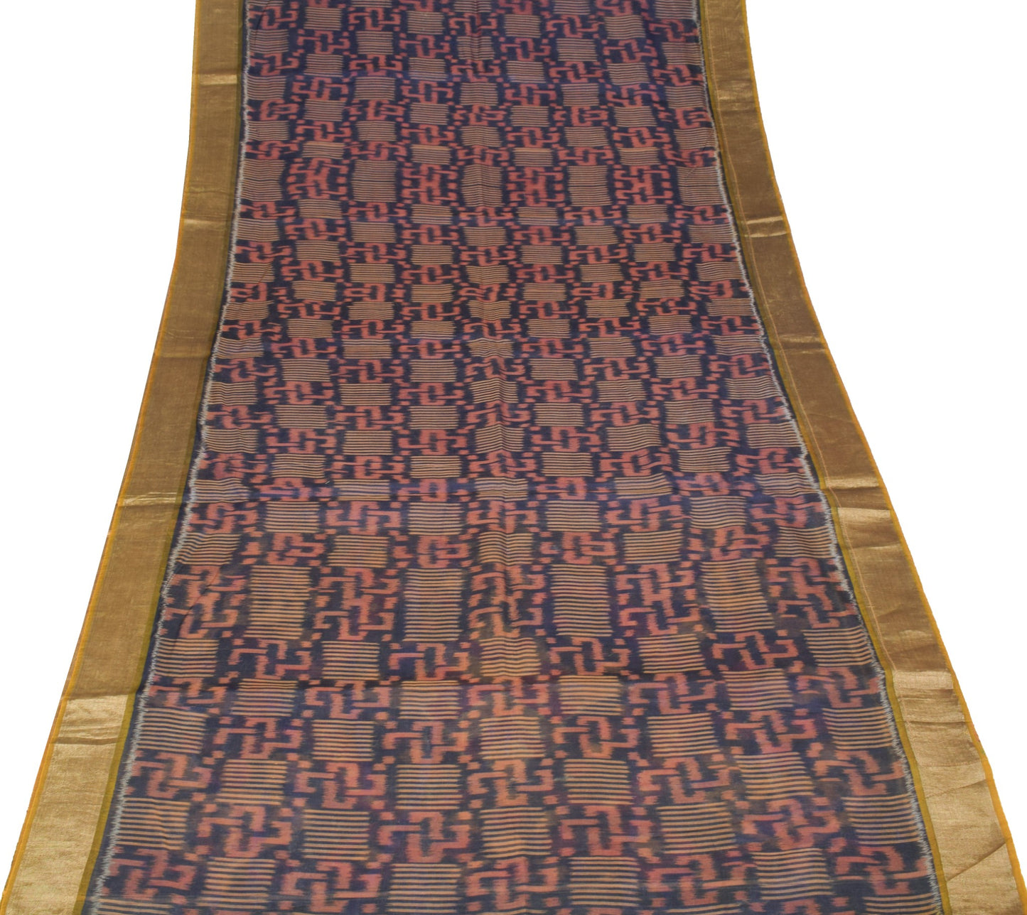 Sushila Vintage Blue Hand Woven Saree Pure Cotton Silk Pochampally Ikat 5Yd Sari