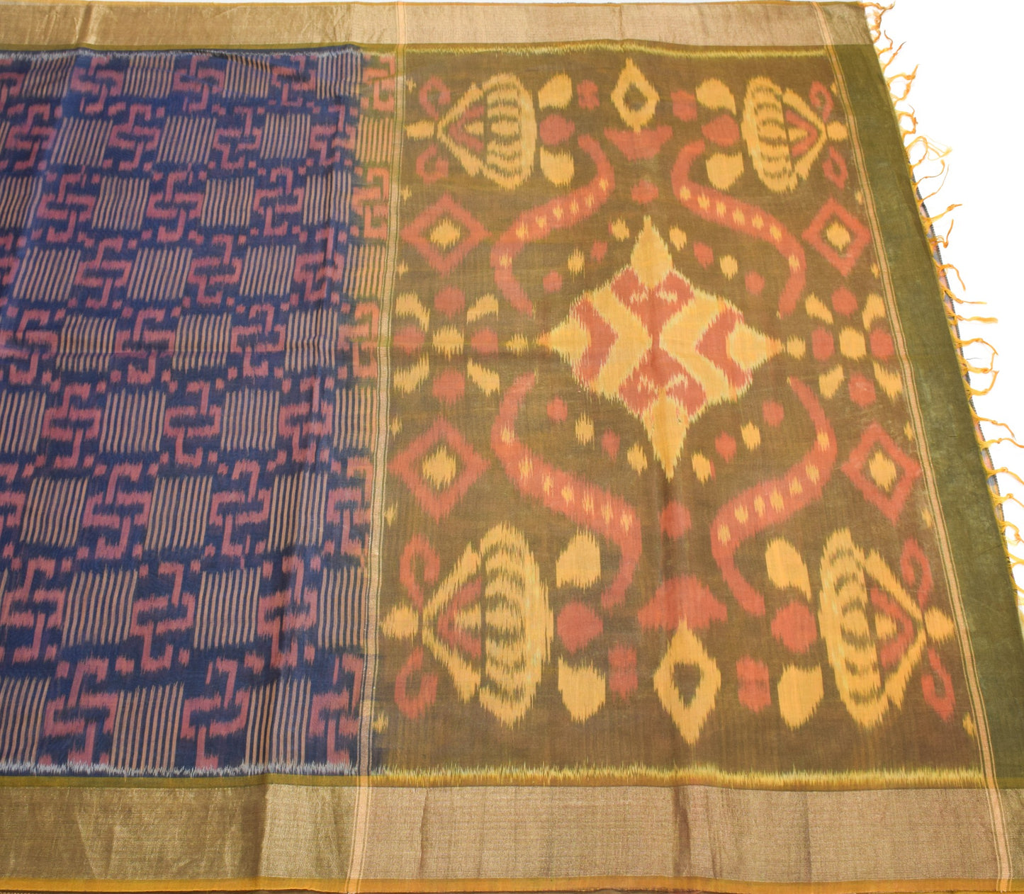 Sushila Vintage Blue Hand Woven Saree Pure Cotton Silk Pochampally Ikat 5Yd Sari