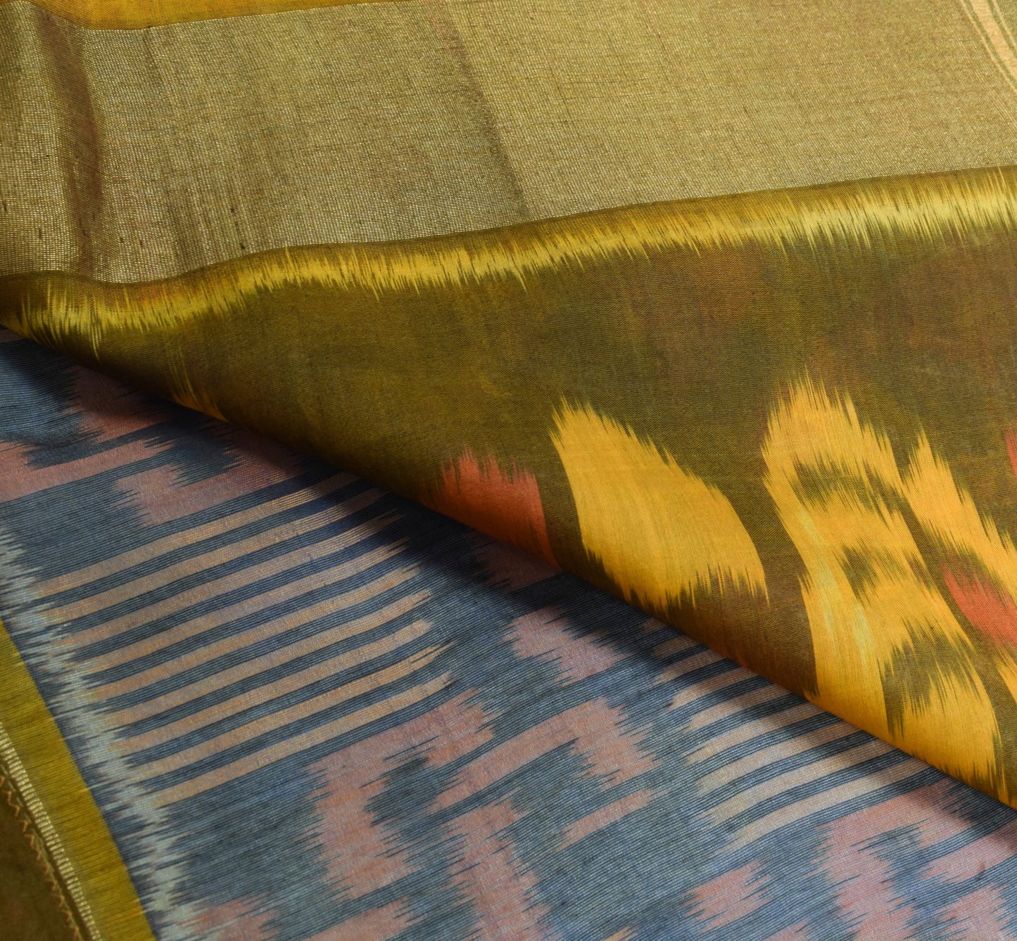 Sushila Vintage Blue Hand Woven Saree Pure Cotton Silk Pochampally Ikat 5Yd Sari