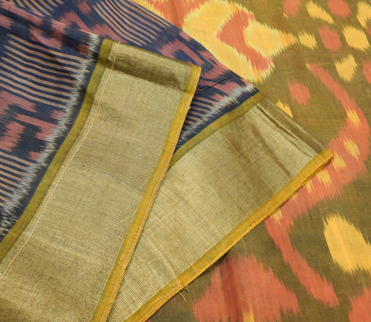 Sushila Vintage Blue Hand Woven Saree Pure Cotton Silk Pochampally Ikat 5Yd Sari