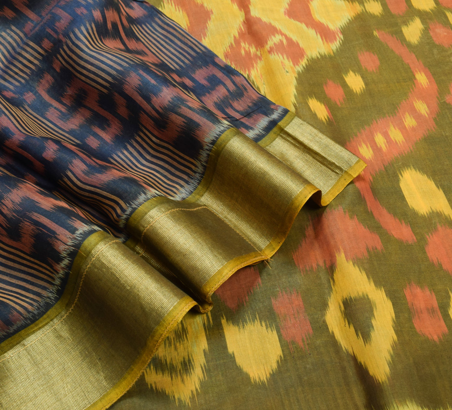 Sushila Vintage Blue Hand Woven Saree Pure Cotton Silk Pochampally Ikat 5Yd Sari