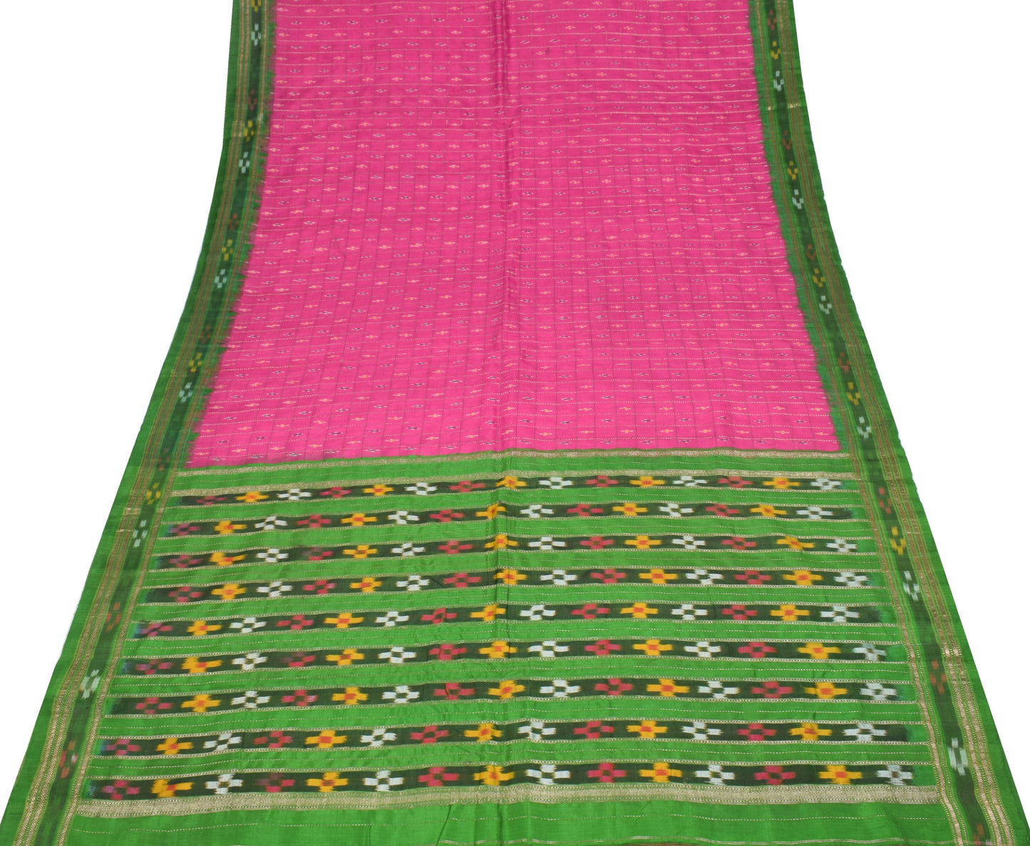 Sushila Vintage Magenta Green Saree Pure Silk Handloom Ikat Patola Sari Fabric