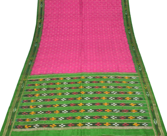 Sushila Vintage Magenta Green Saree Pure Silk Handloom Ikat Patola Sari Fabric