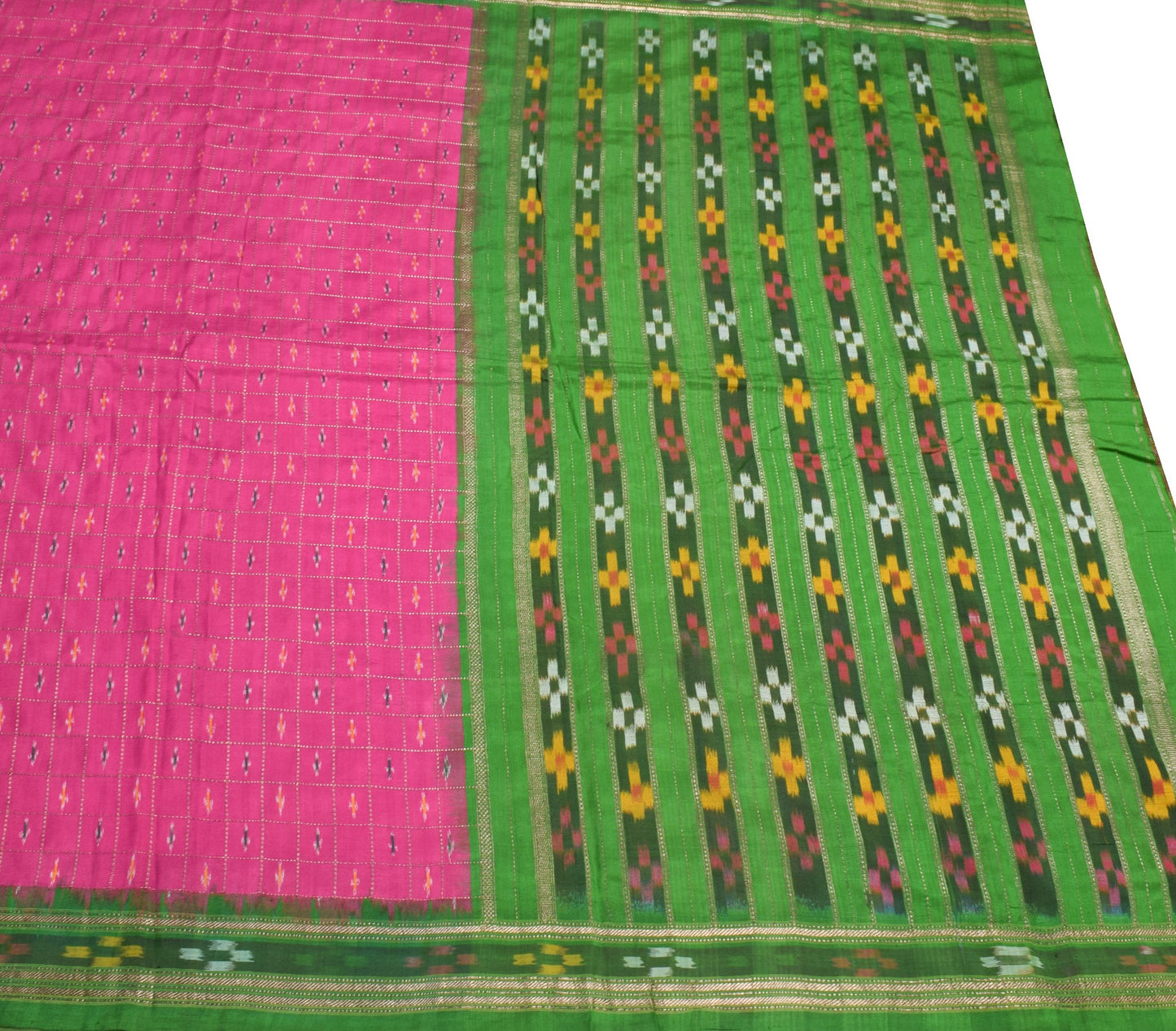 Sushila Vintage Magenta Green Saree Pure Silk Handloom Ikat Patola Sari Fabric