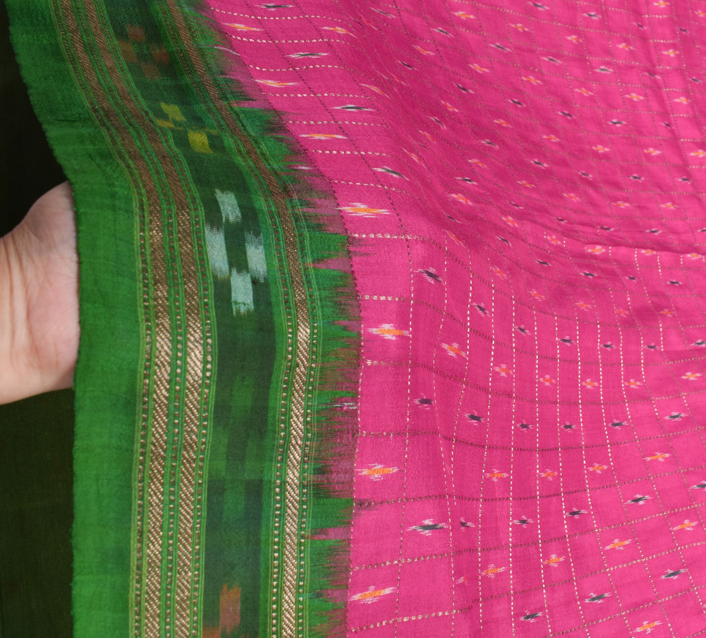 Sushila Vintage Magenta Green Saree Pure Silk Handloom Ikat Patola Sari Fabric