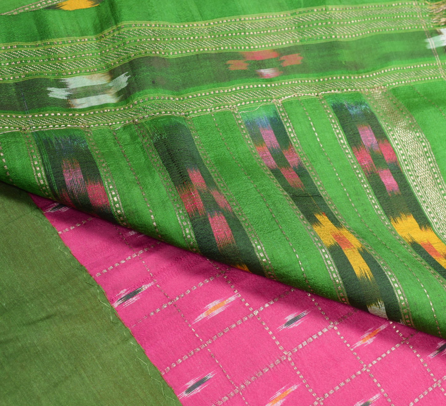 Sushila Vintage Magenta Green Saree Pure Silk Handloom Ikat Patola Sari Fabric