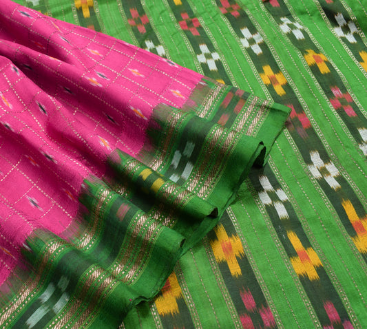 Sushila Vintage Magenta Green Saree Pure Silk Handloom Ikat Patola Sari Fabric