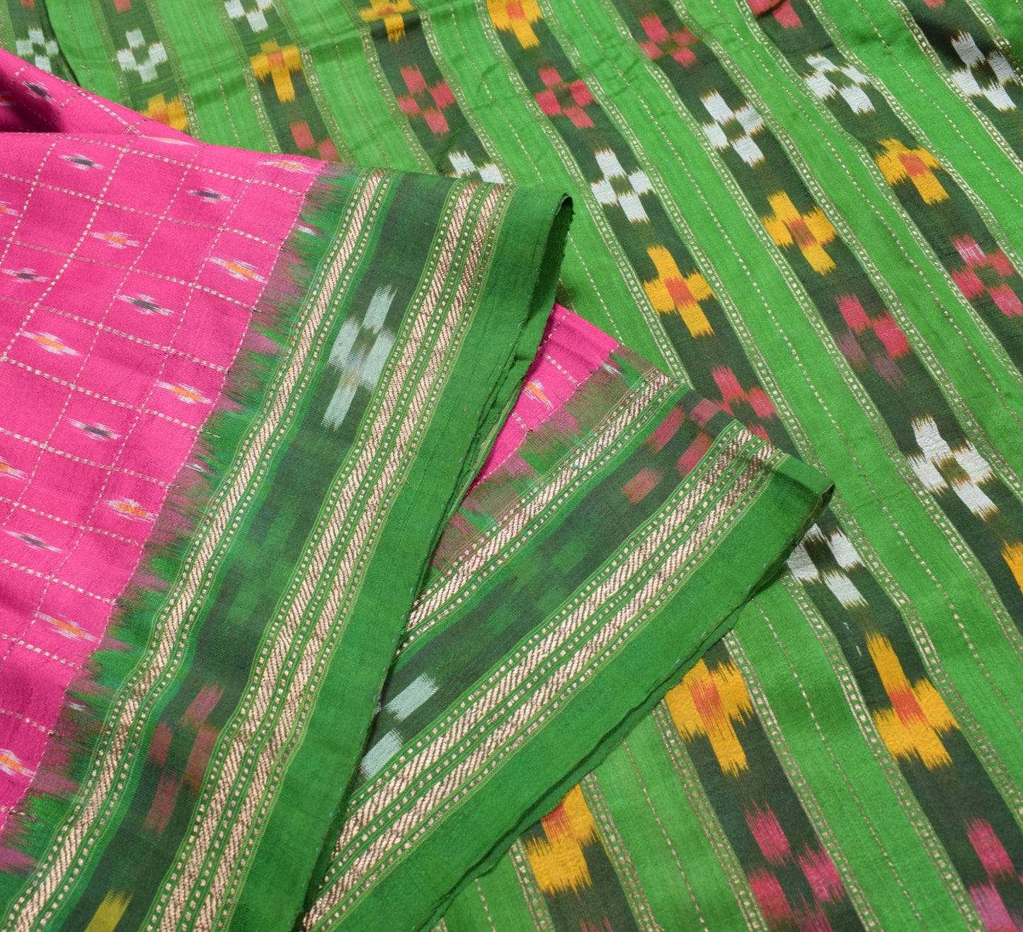 Sushila Vintage Magenta Green Saree Pure Silk Handloom Ikat Patola Sari Fabric
