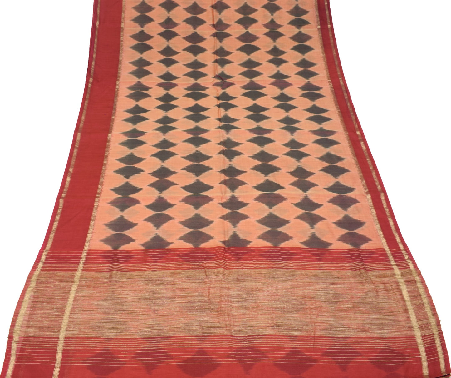 Sushila Vintage Peach Saree Pure Cotton Silk Hand Woven Pochampally Ikat Sari