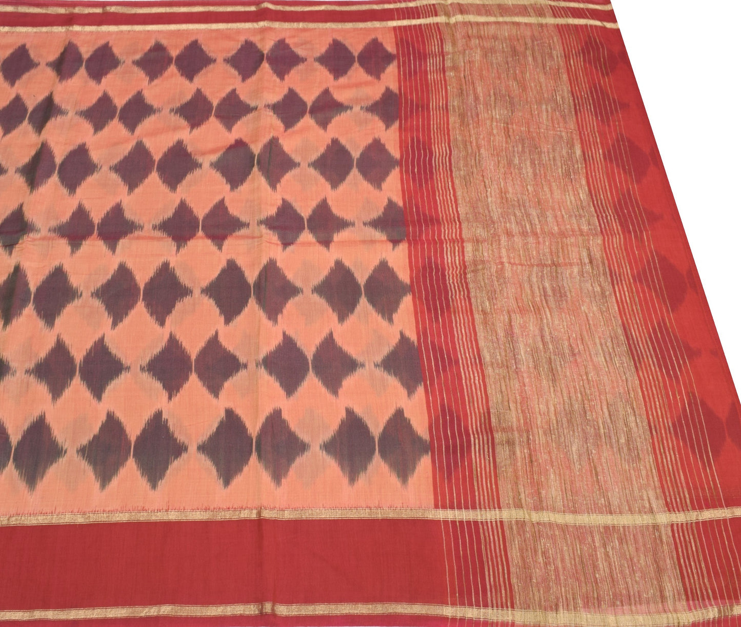 Sushila Vintage Peach Saree Pure Cotton Silk Hand Woven Pochampally Ikat Sari