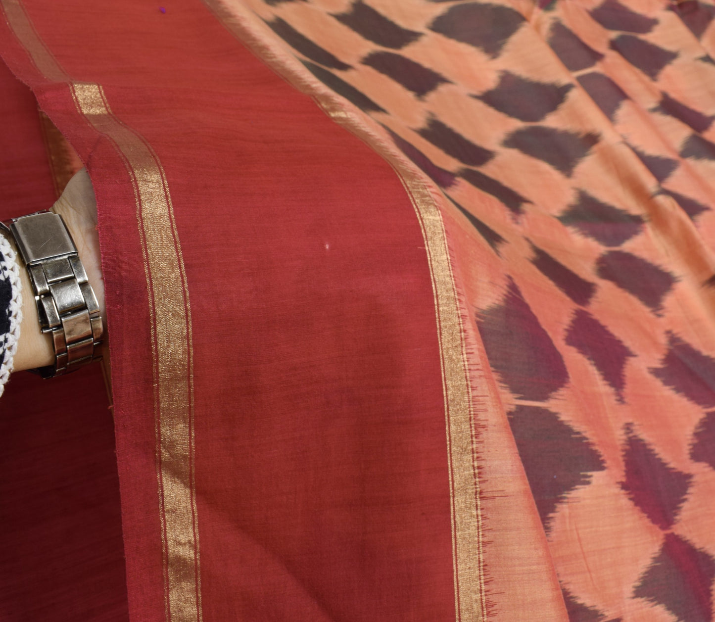 Sushila Vintage Peach Saree Pure Cotton Silk Hand Woven Pochampally Ikat Sari