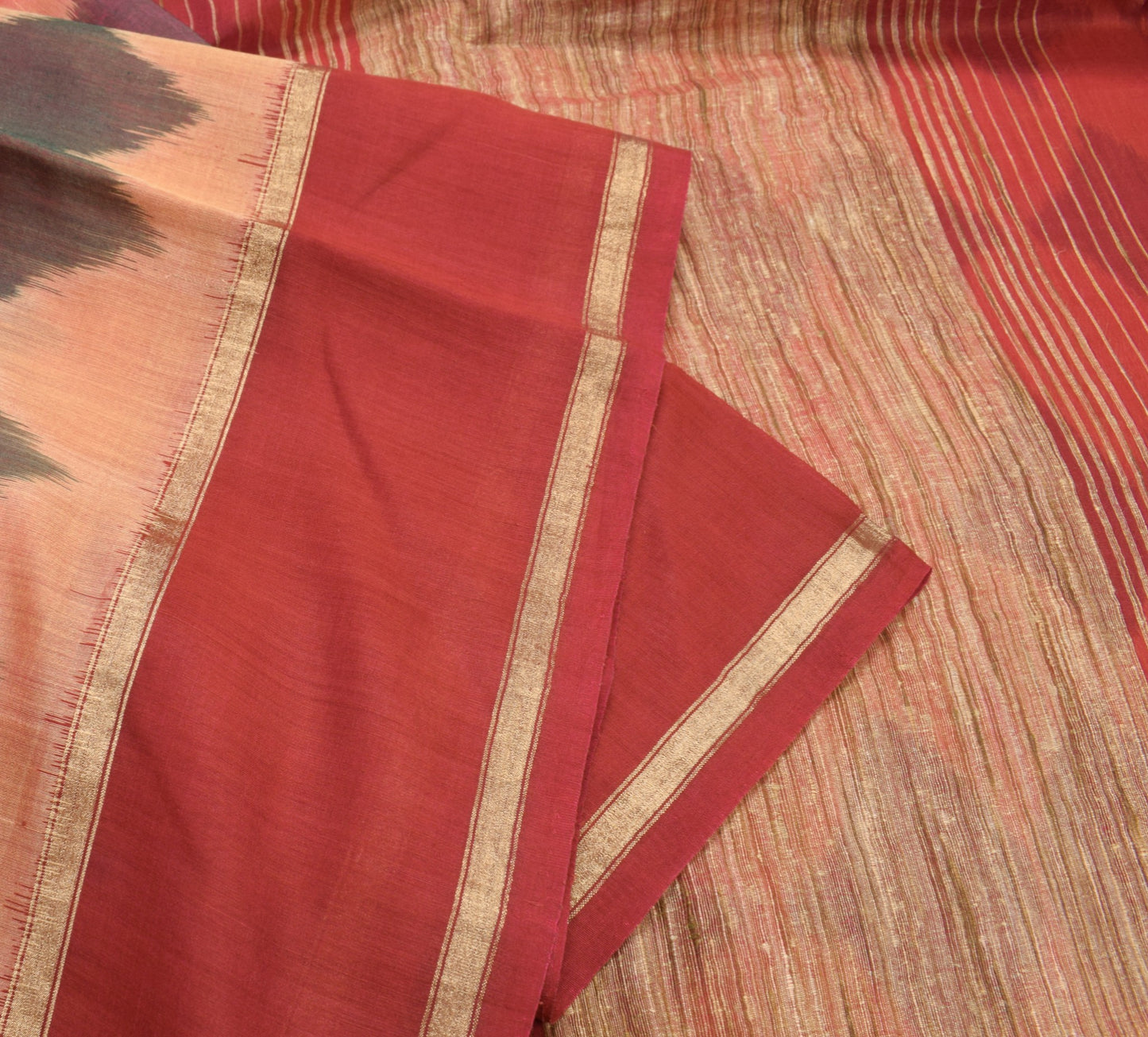 Sushila Vintage Peach Saree Pure Cotton Silk Hand Woven Pochampally Ikat Sari