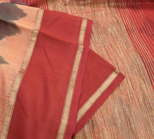 Sushila Vintage Peach Saree Pure Cotton Silk Hand Woven Pochampally Ikat Sari