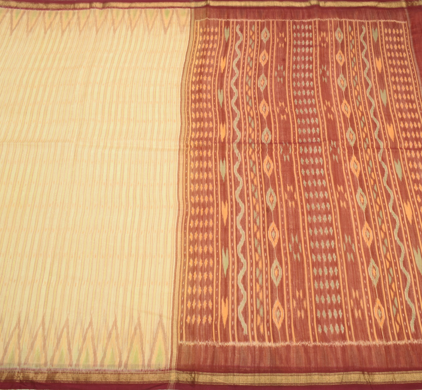Sushila Vintage Cream Saree Pure Cotton Silk Hand Woven Ikat Patola Sari Fabric