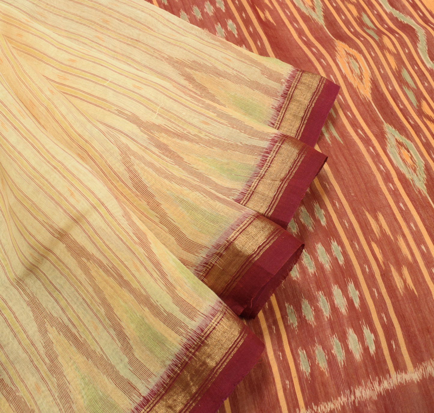 Sushila Vintage Cream Saree Pure Cotton Silk Hand Woven Ikat Patola Sari Fabric