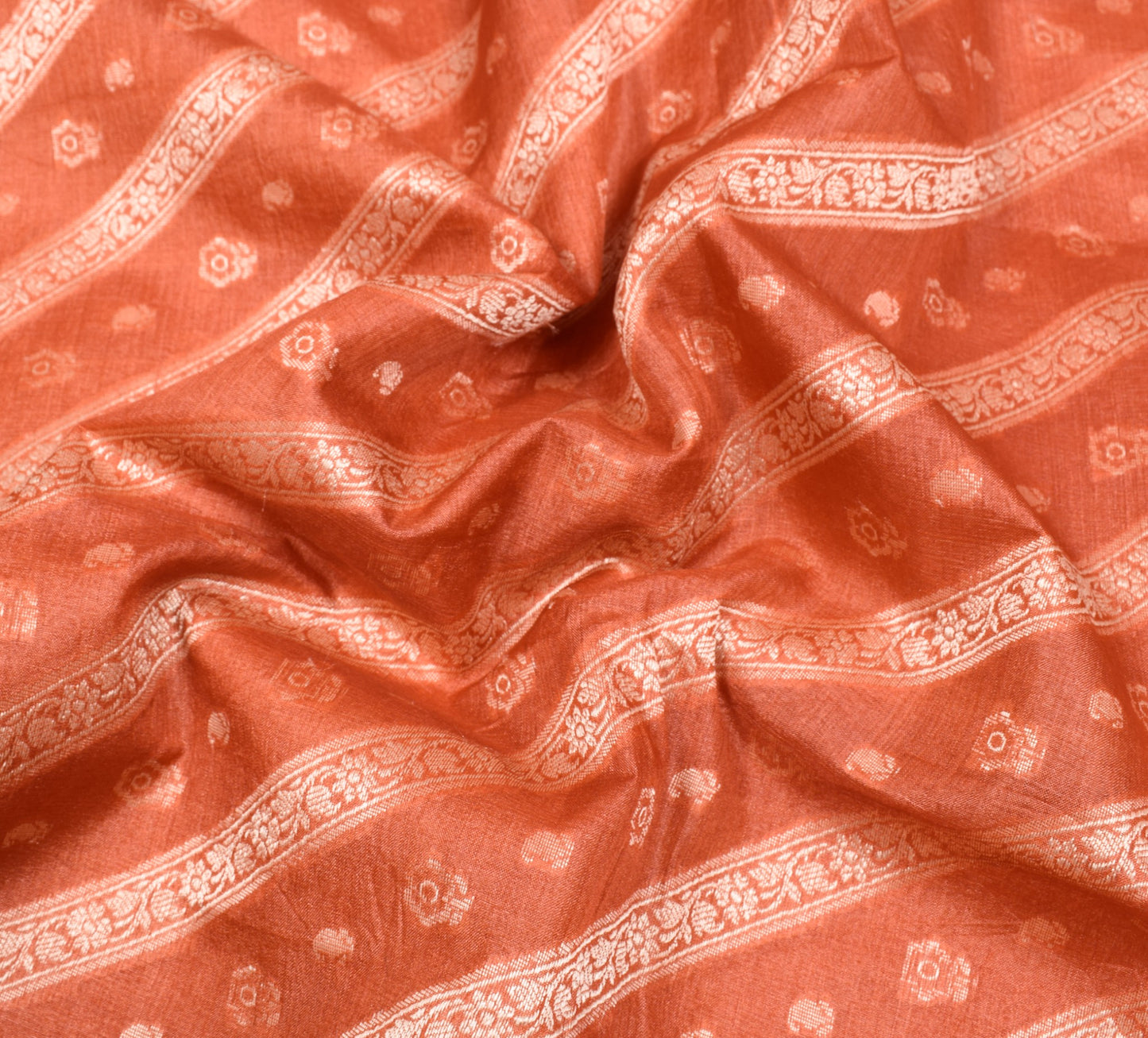Sushila Vintage All Over Woven Floral Saree Pure Tussar Silk Rust Sari Fabric