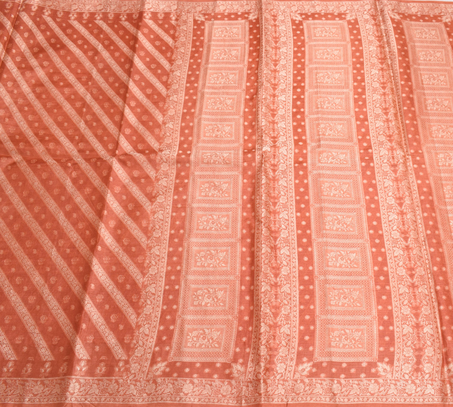 Sushila Vintage All Over Woven Floral Saree Pure Tussar Silk Rust Sari Fabric