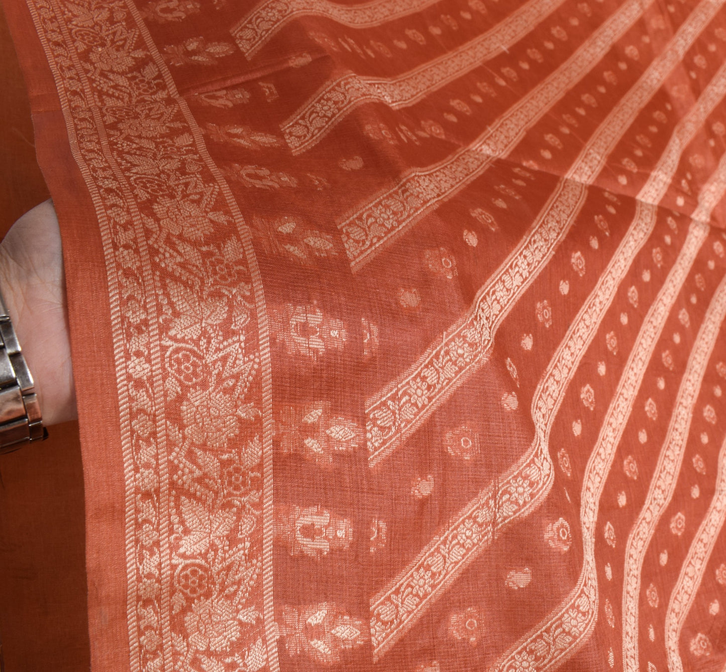 Sushila Vintage All Over Woven Floral Saree Pure Tussar Silk Rust Sari Fabric