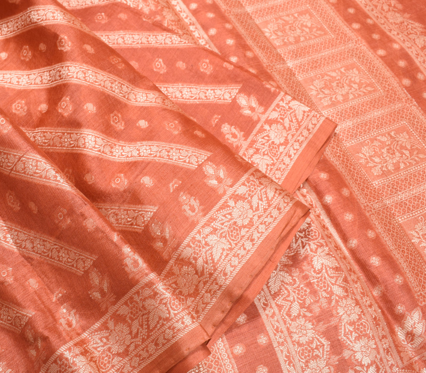 Sushila Vintage All Over Woven Floral Saree Pure Tussar Silk Rust Sari Fabric