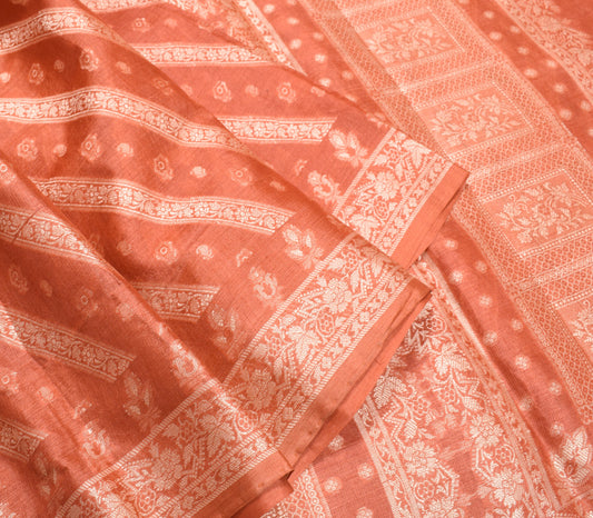Sushila Vintage All Over Woven Floral Saree Pure Tussar Silk Rust Sari Fabric