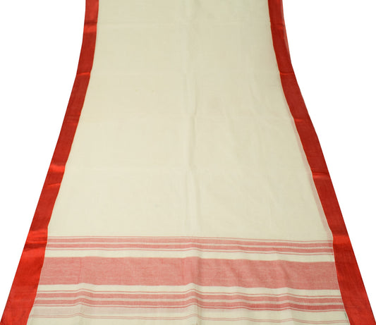 Sushila Vintage Bengal Handloom Saree Pure Cotton Woven Cream Red Sari Fabric