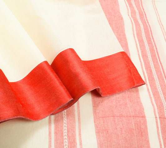 Sushila Vintage Bengal Handloom Saree Pure Cotton Woven Cream Red Sari Fabric