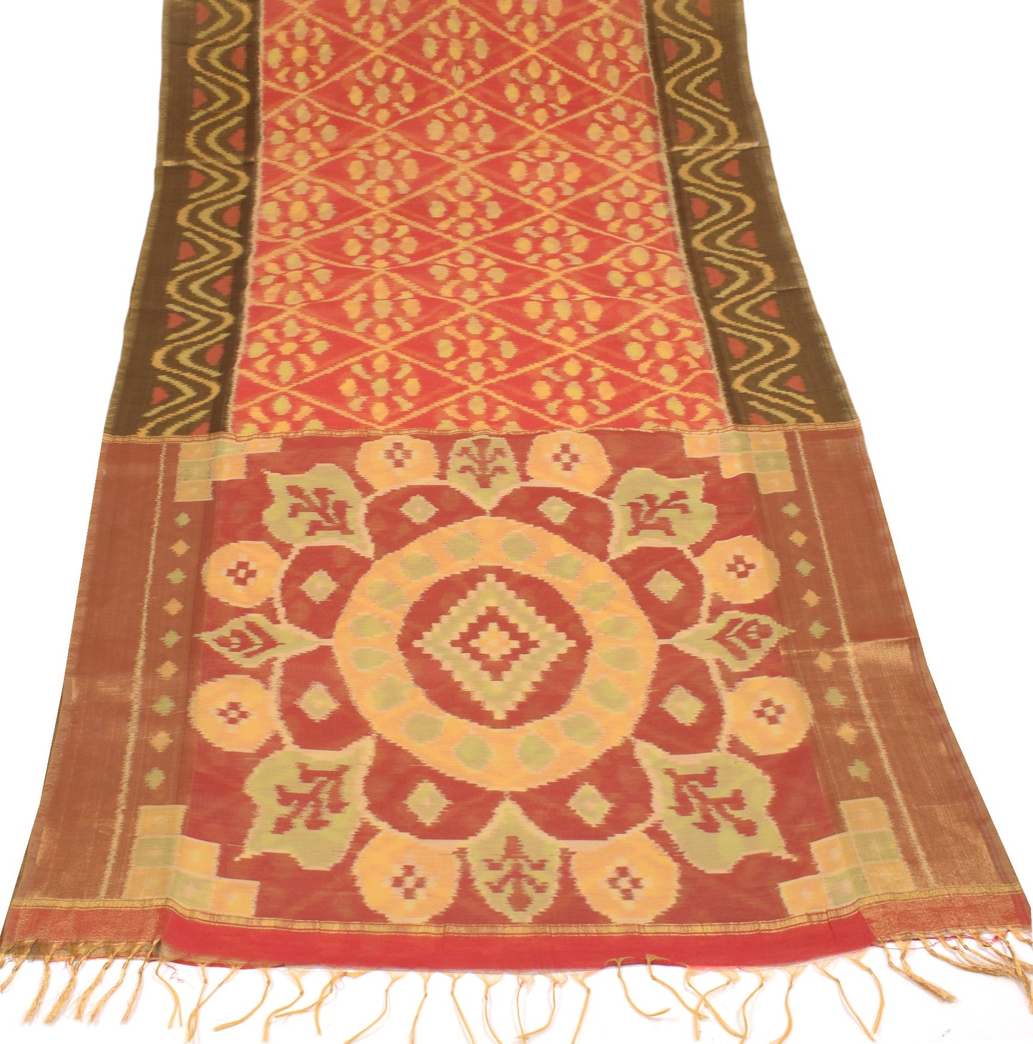 Sushila Vintage Red Saree 100% Pure Cotton Silk Hand Woven Pochampally Ikat Sari