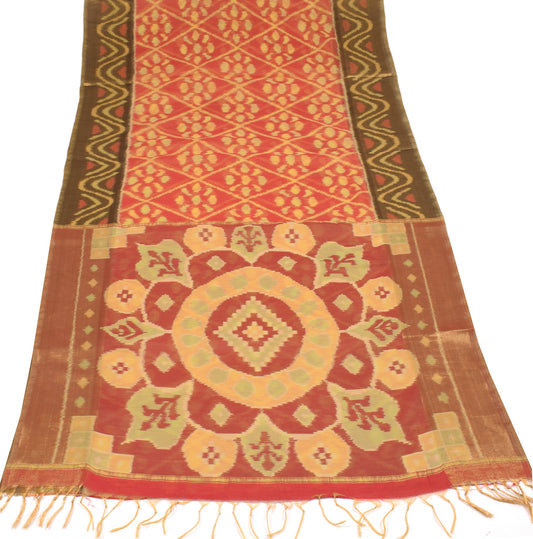 Sushila Vintage Red Saree 100% Pure Cotton Silk Hand Woven Pochampally Ikat Sari