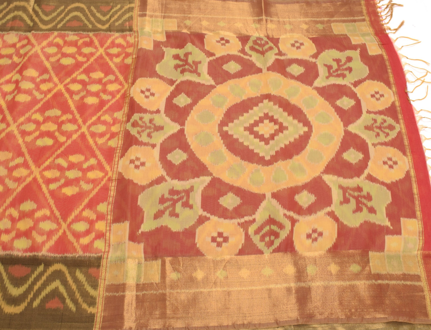 Sushila Vintage Red Saree 100% Pure Cotton Silk Hand Woven Pochampally Ikat Sari