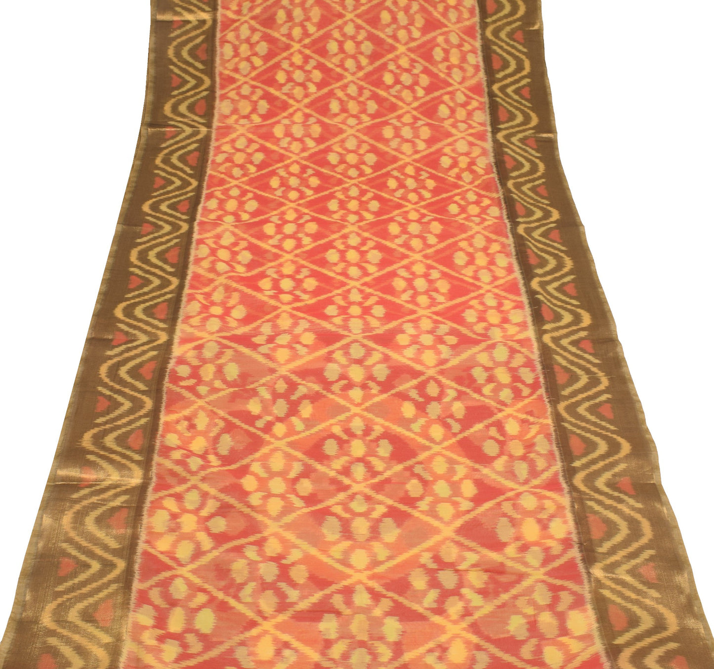 Sushila Vintage Red Saree 100% Pure Cotton Silk Hand Woven Pochampally Ikat Sari