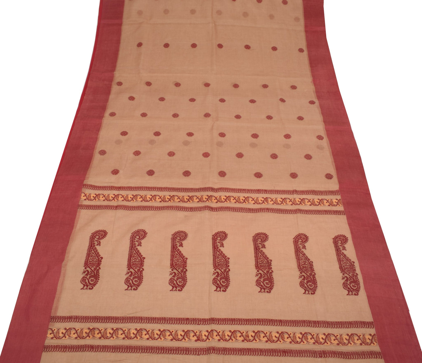 Sushila Vintage Brown Hand Woven Saree 100% Pure Cotton Floral Sari Craft Fabric