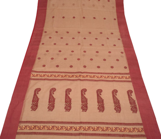 Sushila Vintage Brown Hand Woven Saree 100% Pure Cotton Floral Sari Craft Fabric