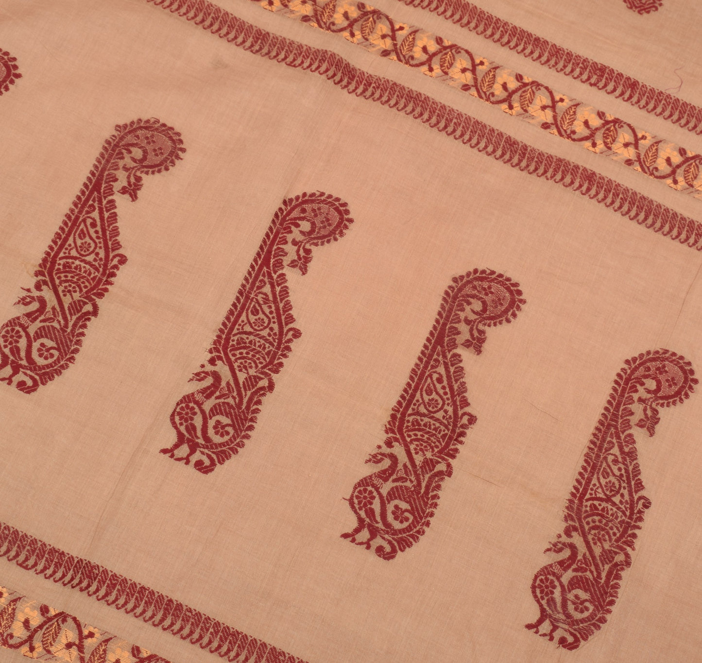 Sushila Vintage Brown Hand Woven Saree 100% Pure Cotton Floral Sari Craft Fabric