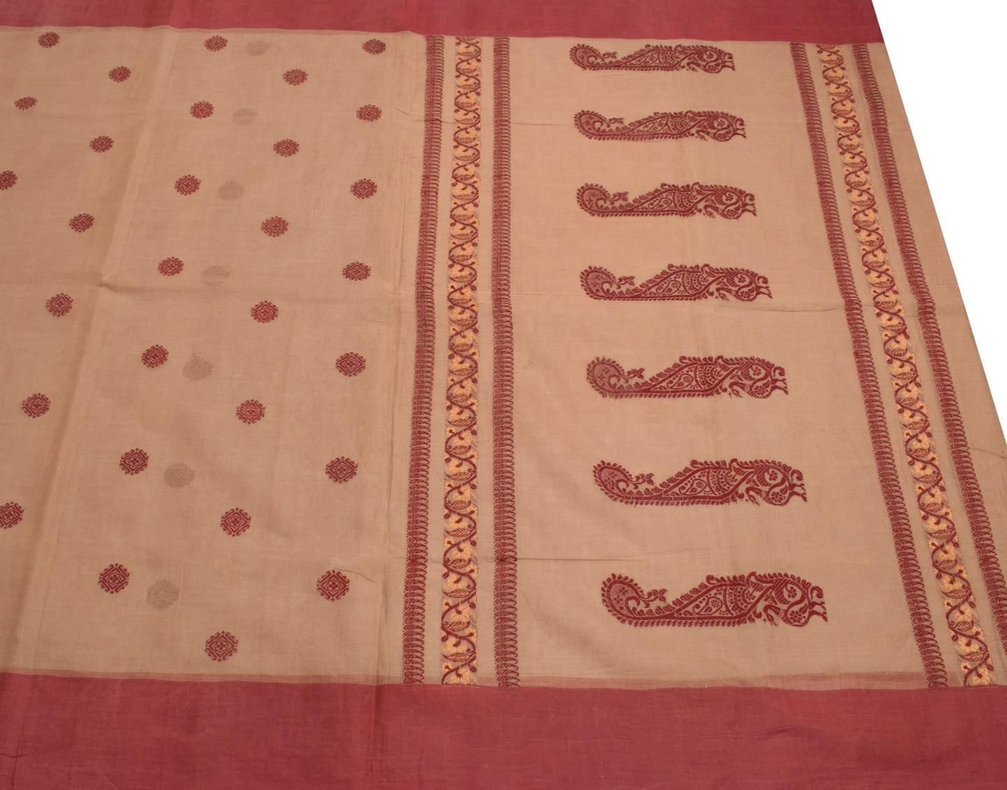 Sushila Vintage Brown Hand Woven Saree 100% Pure Cotton Floral Sari Craft Fabric