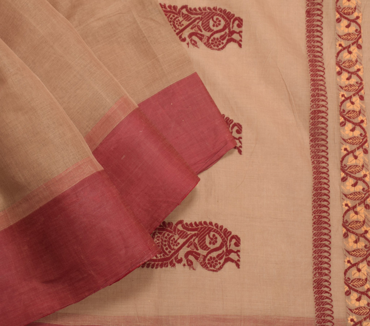 Sushila Vintage Brown Hand Woven Saree 100% Pure Cotton Floral Sari Craft Fabric