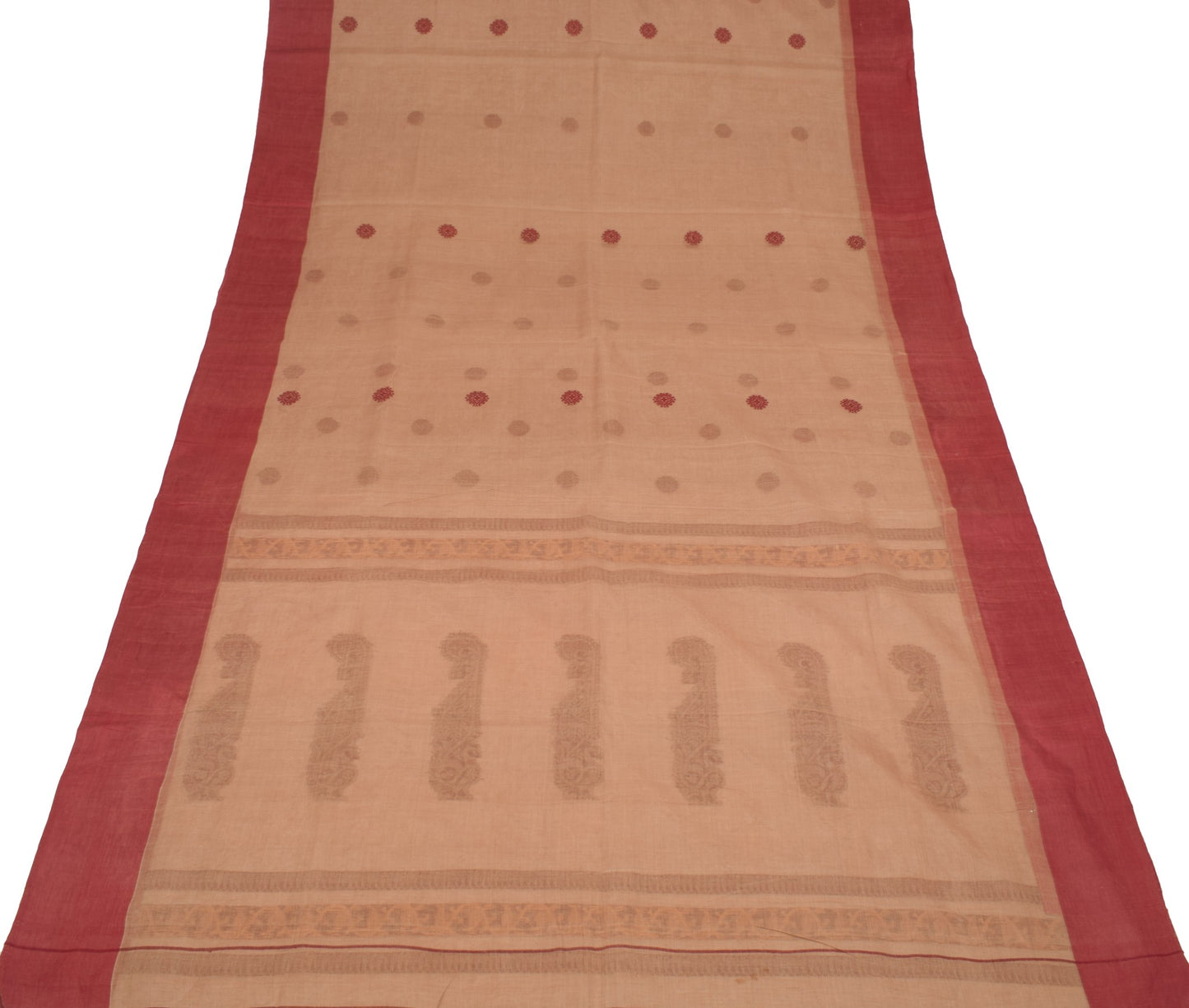 Sushila Vintage Brown Hand Woven Saree 100% Pure Cotton Floral Sari Craft Fabric