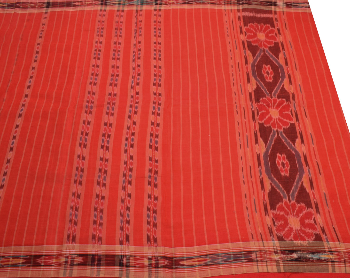 Sushila Vintage Sambalpuri Ikat Sarees Handwoven Pure Cotton Red Sari 5YD Fabric