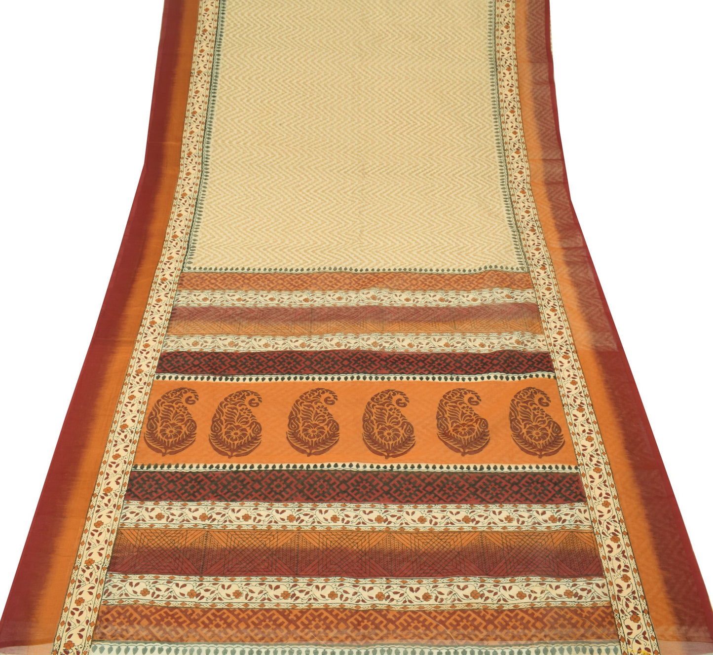 Sushila Vintage Cream Kota Doria Saree Hand Block Printed Zig-Zag Sari Fabric