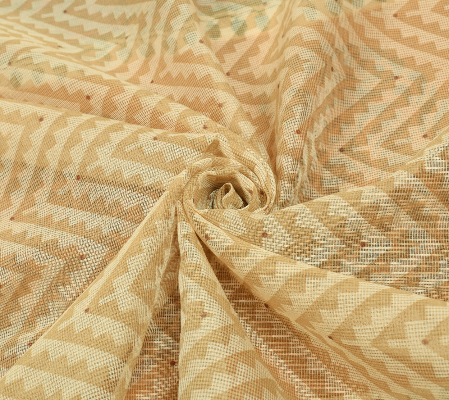 Sushila Vintage Cream Kota Doria Saree Hand Block Printed Zig-Zag Sari Fabric