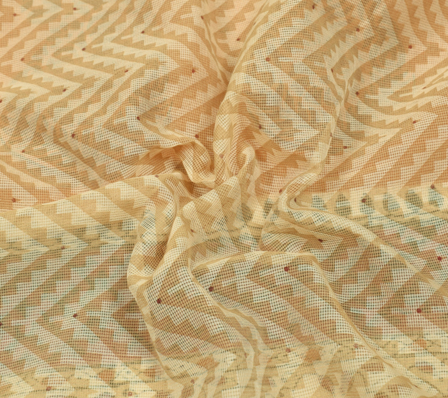 Sushila Vintage Cream Kota Doria Saree Hand Block Printed Zig-Zag Sari Fabric