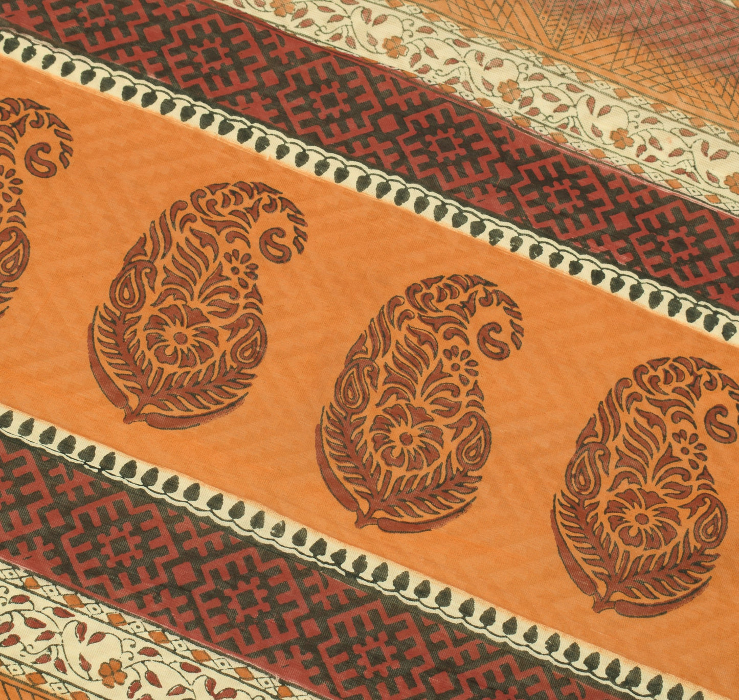 Sushila Vintage Cream Kota Doria Saree Hand Block Printed Zig-Zag Sari Fabric