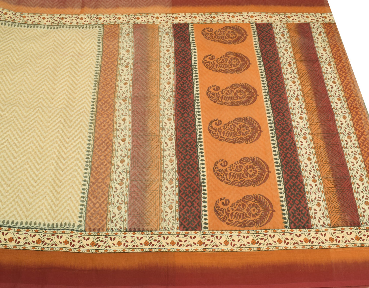 Sushila Vintage Cream Kota Doria Saree Hand Block Printed Zig-Zag Sari Fabric