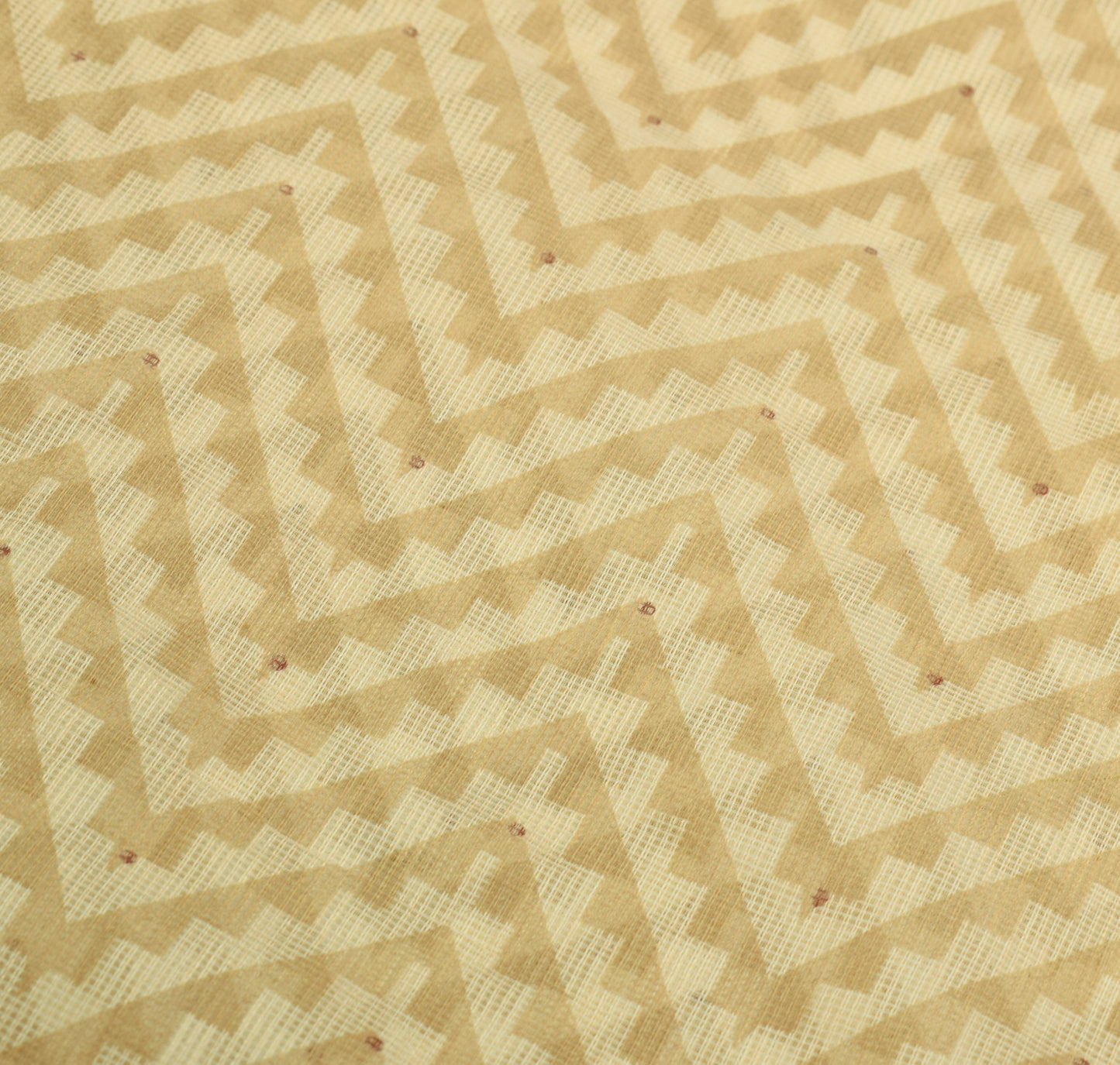 Sushila Vintage Cream Kota Doria Saree Hand Block Printed Zig-Zag Sari Fabric