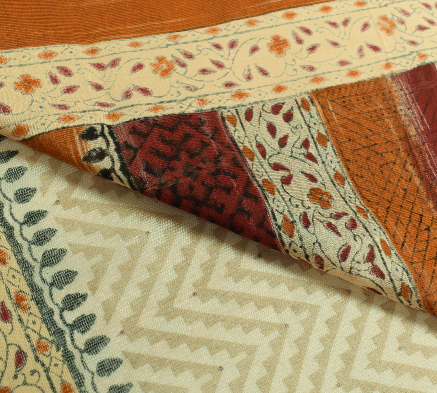 Sushila Vintage Cream Kota Doria Saree Hand Block Printed Zig-Zag Sari Fabric