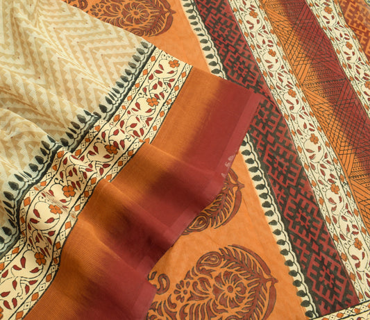 Sushila Vintage Cream Kota Doria Saree Hand Block Printed Zig-Zag Sari Fabric