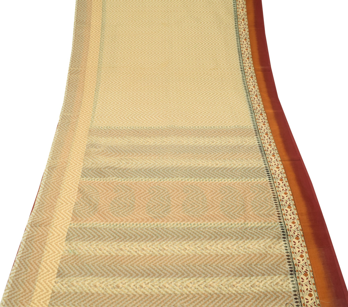 Sushila Vintage Cream Kota Doria Saree Hand Block Printed Zig-Zag Sari Fabric