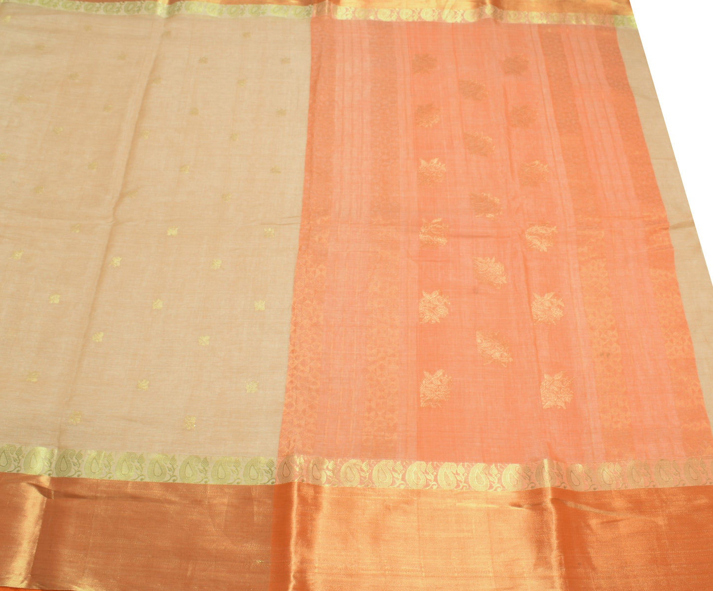 Sushila Vintage Cream Saree ZariWoven Orange Border Pallu Pure Cotton Silk Sari