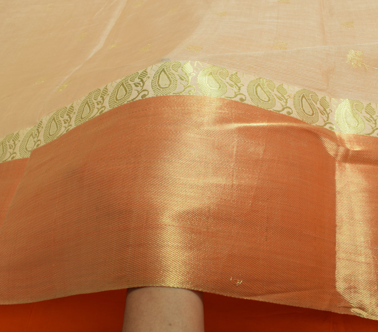 Sushila Vintage Cream Saree ZariWoven Orange Border Pallu Pure Cotton Silk Sari
