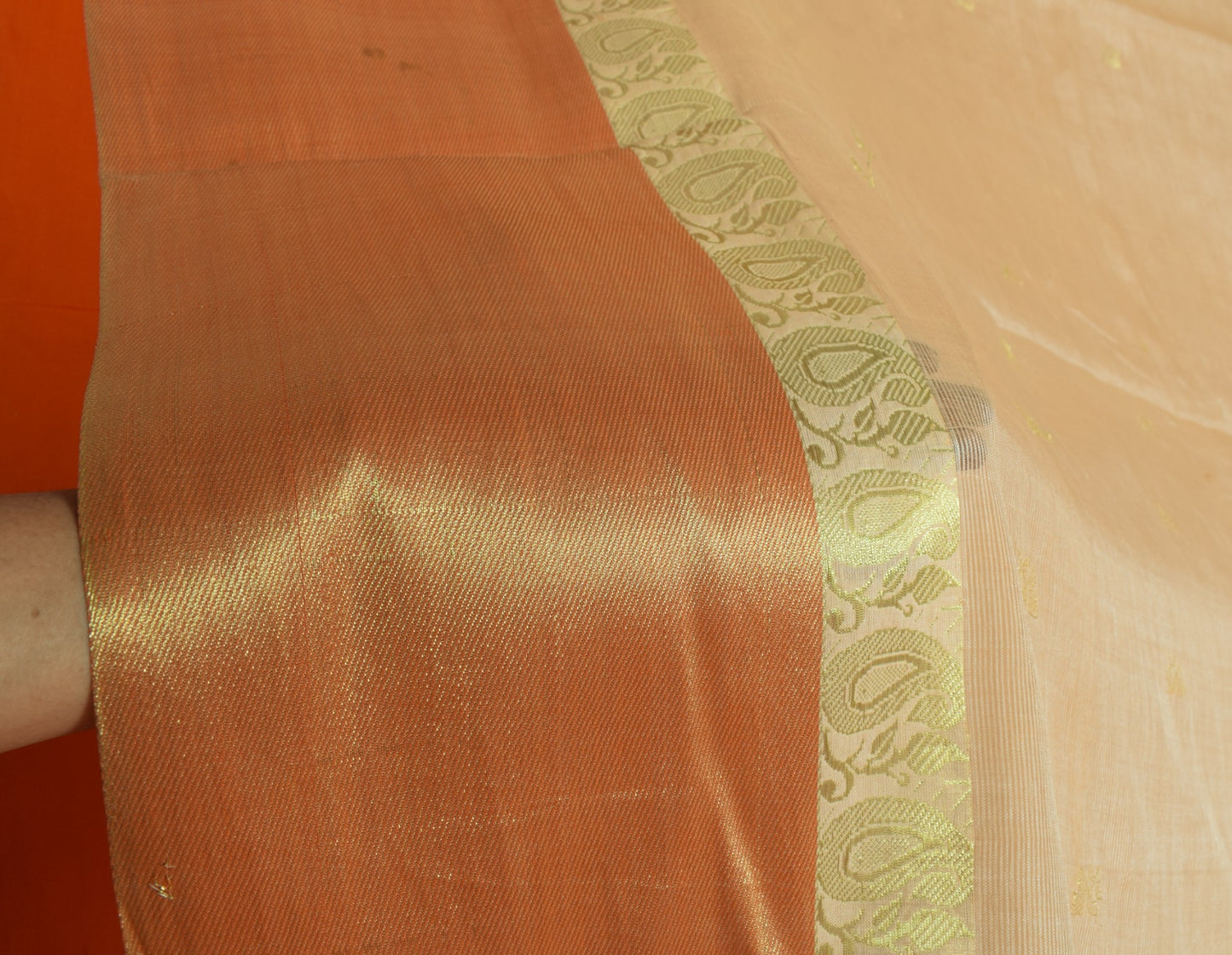 Sushila Vintage Cream Saree ZariWoven Orange Border Pallu Pure Cotton Silk Sari